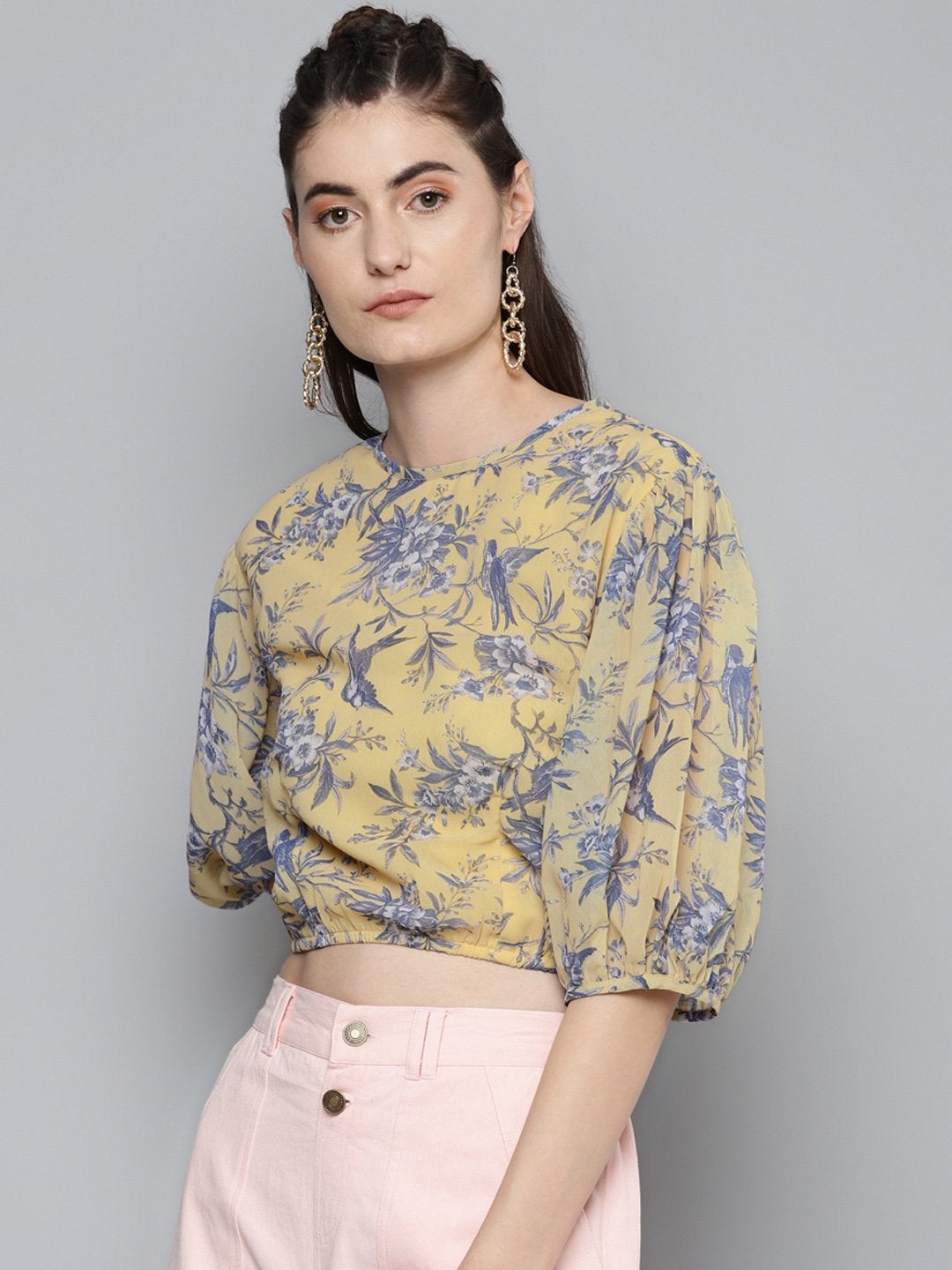 Women's Yellow Floral Balloon Sleeve Blouse - SASSAFRAS