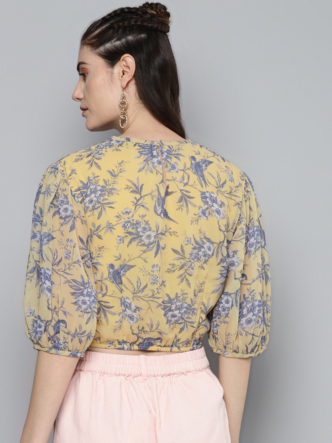 Women's Yellow Floral Balloon Sleeve Blouse - SASSAFRAS