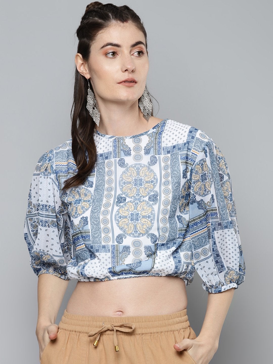 Women's Blue Patch Print Balloon Sleeve Blouse - SASSAFRAS