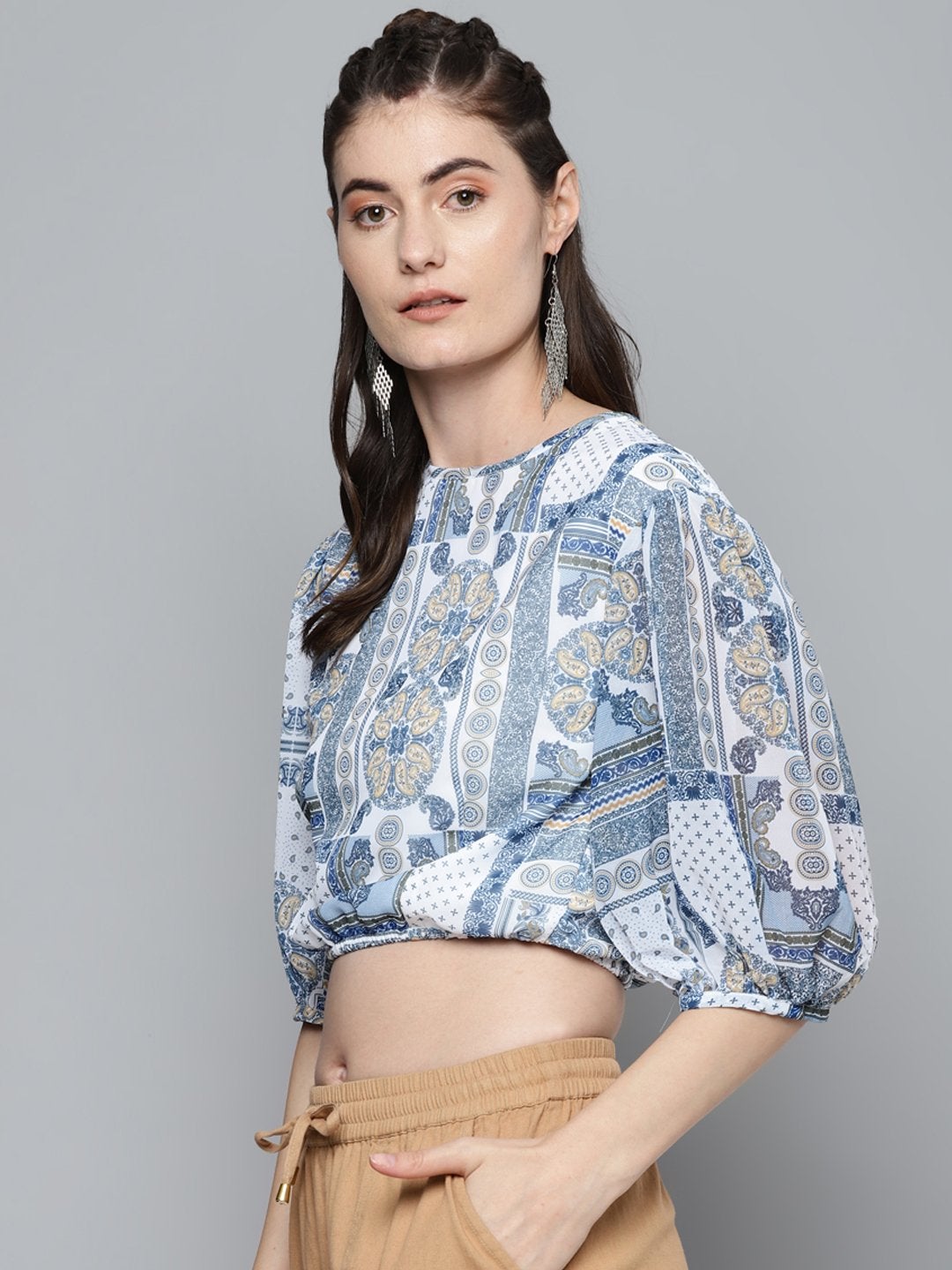 Women's Blue Patch Print Balloon Sleeve Blouse - SASSAFRAS