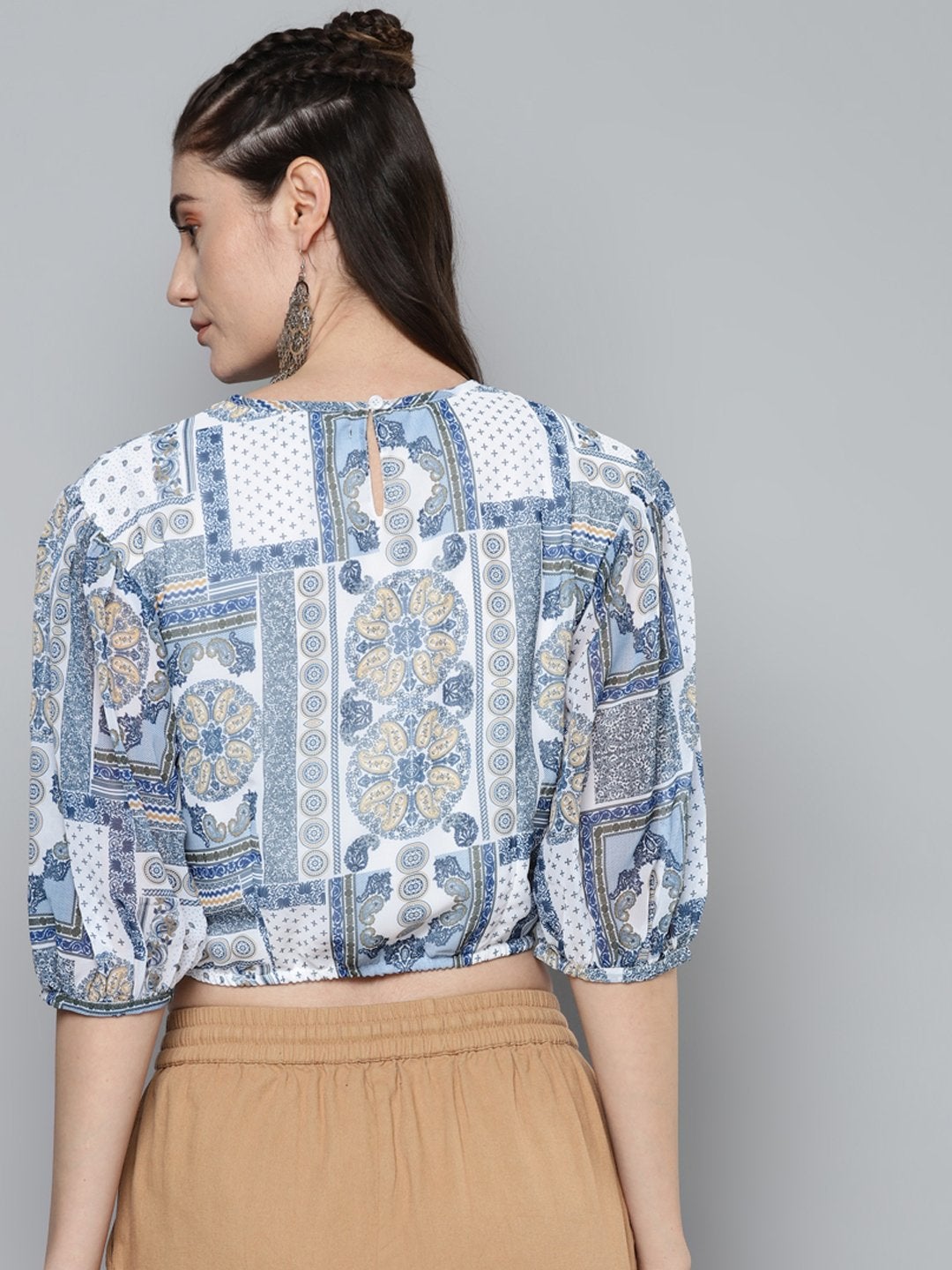 Women's Blue Patch Print Balloon Sleeve Blouse - SASSAFRAS