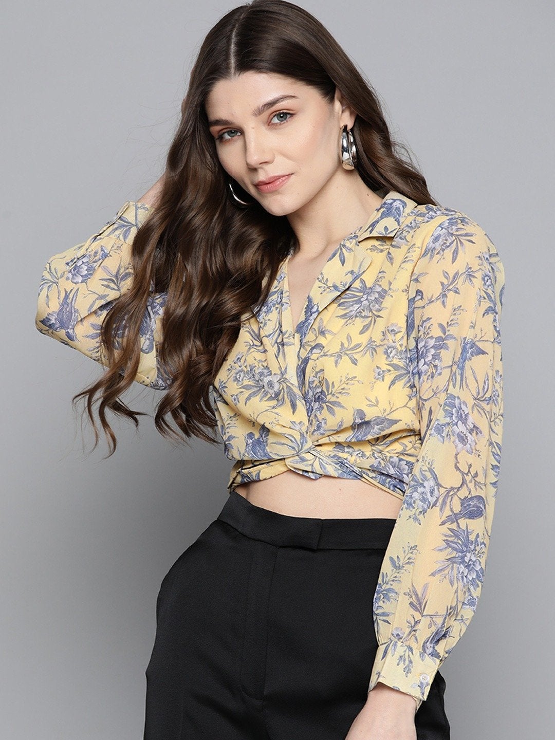 Women's Yellow Floral Tie Knot Crop Shirt Top - SASSAFRAS