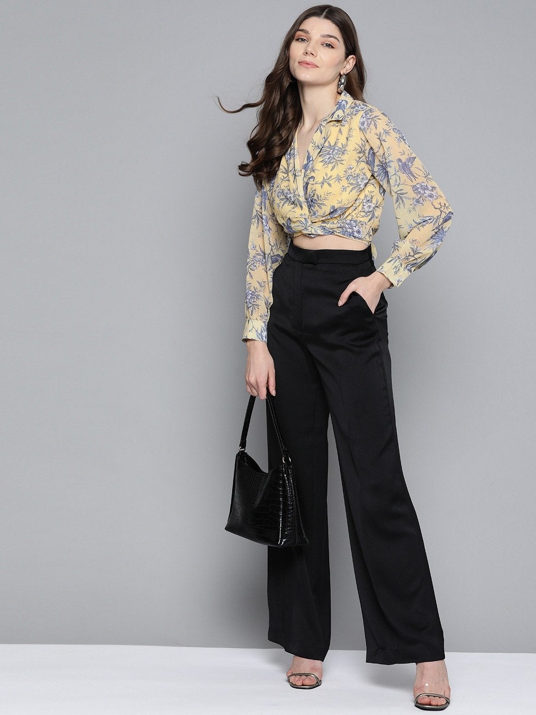 Women's Yellow Floral Tie Knot Crop Shirt Top - SASSAFRAS