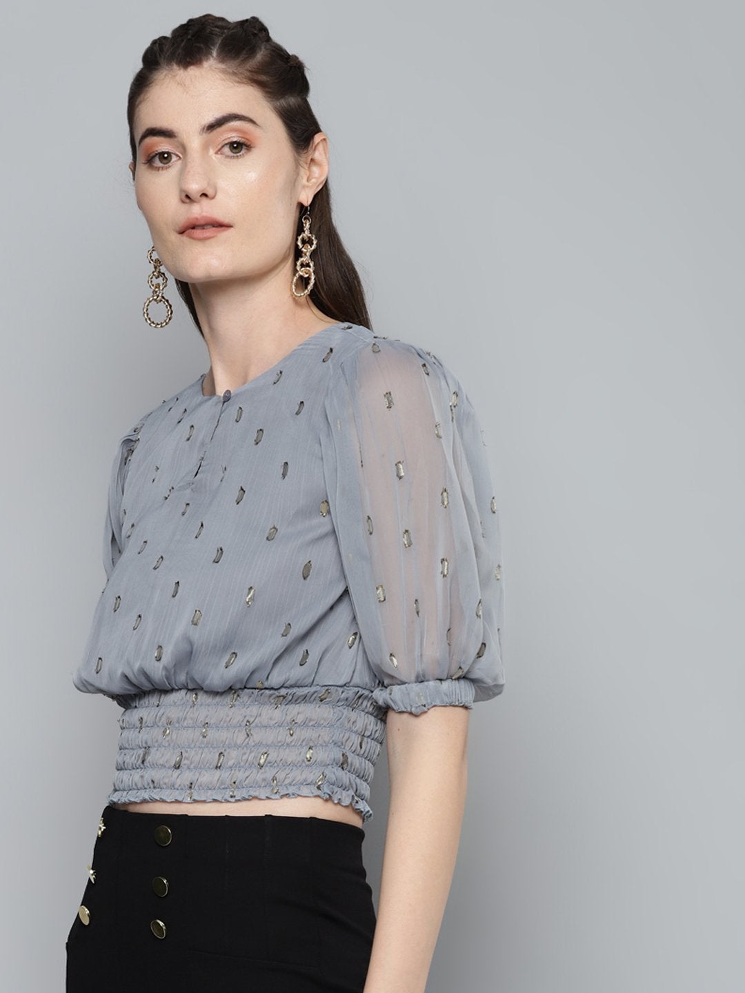 Women's Grey Lurex Smocked Waist Top - SASSAFRAS