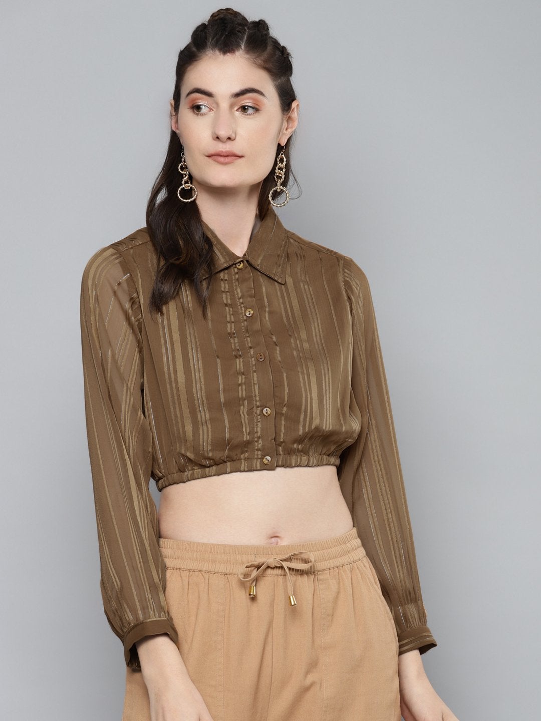 Women's Copper Lurex Crop Shirt Top - SASSAFRAS