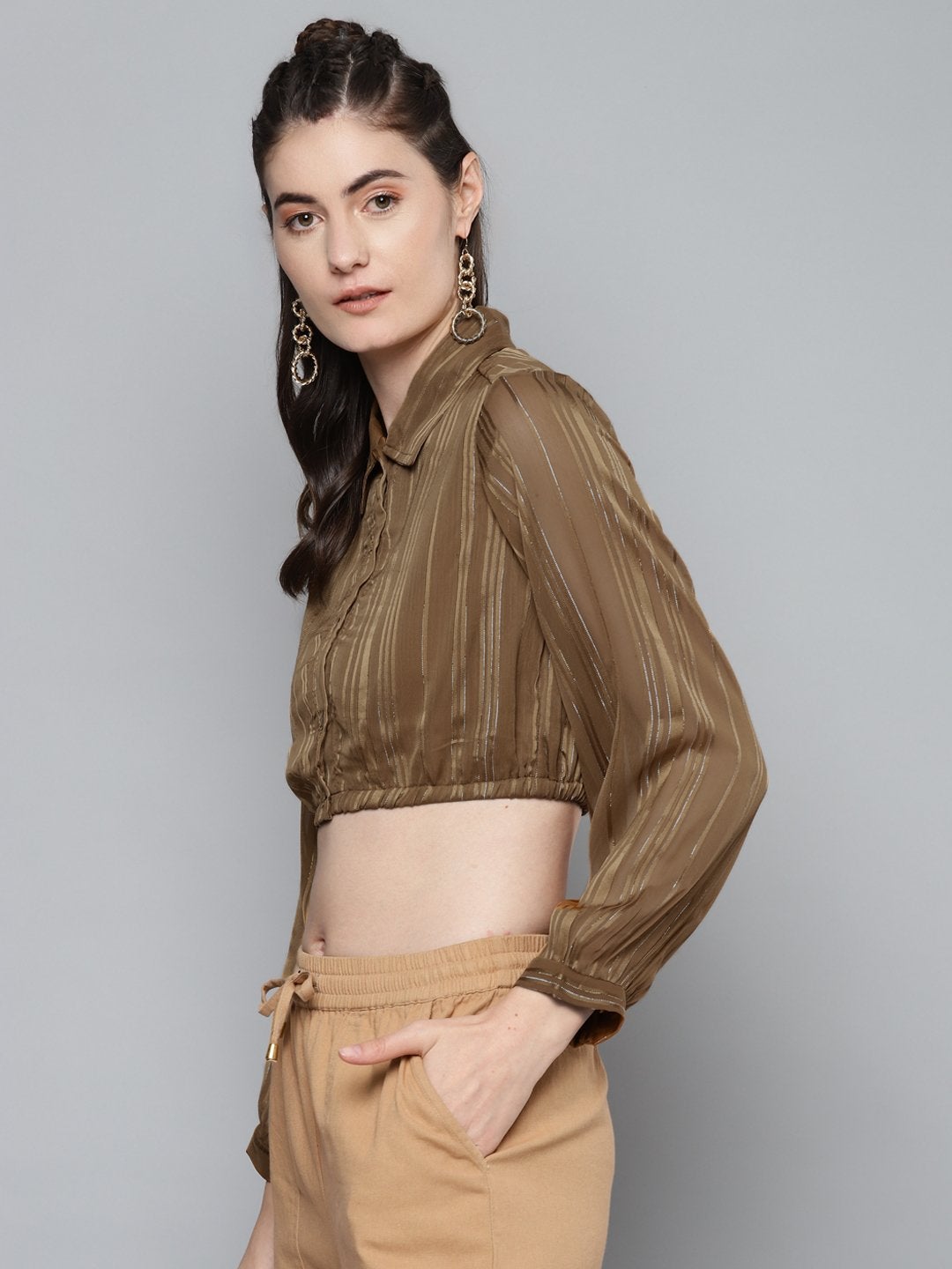 Women's Copper Lurex Crop Shirt Top - SASSAFRAS