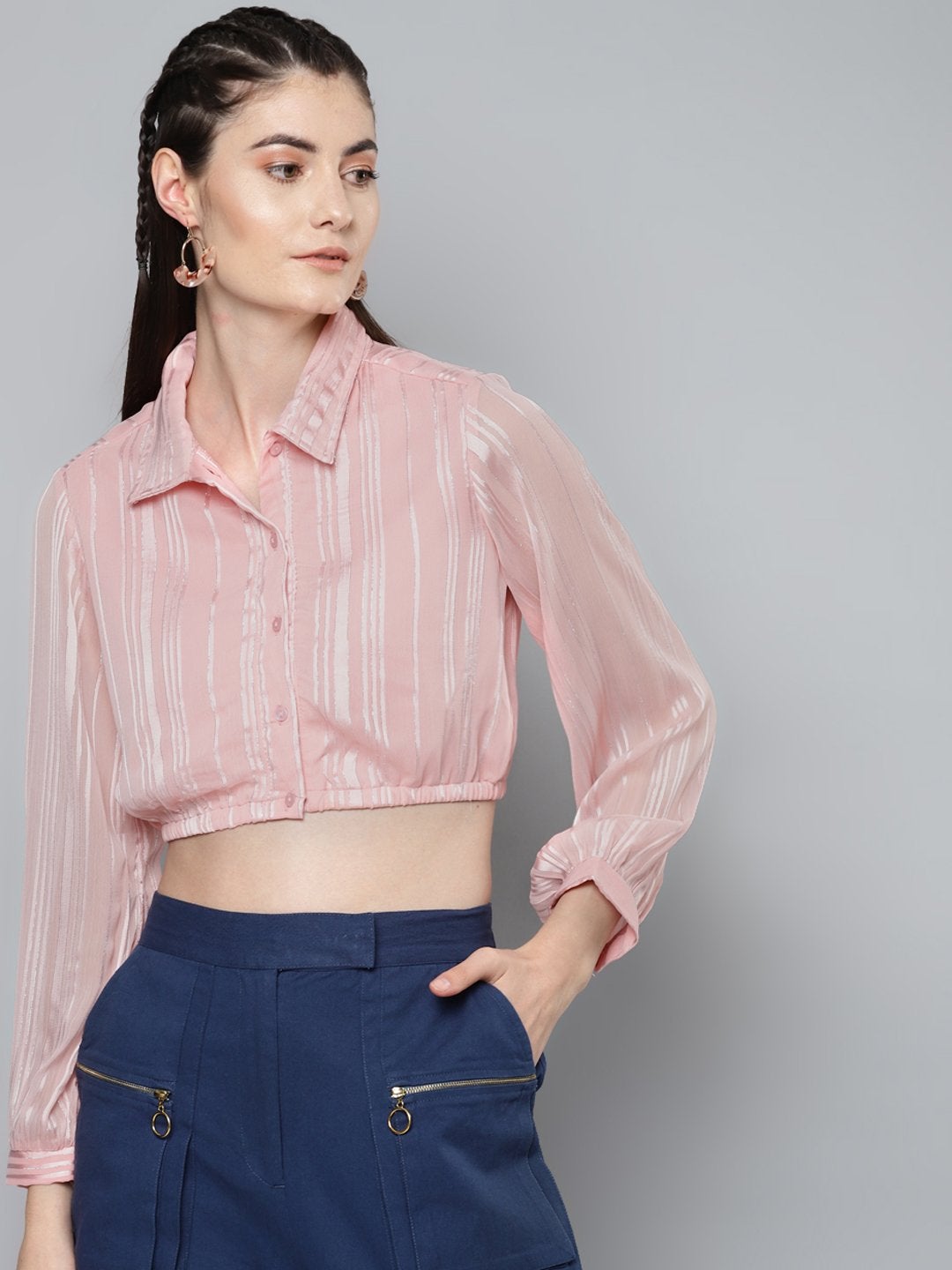 Women's Pink Lurex Crop Shirt Top - SASSAFRAS