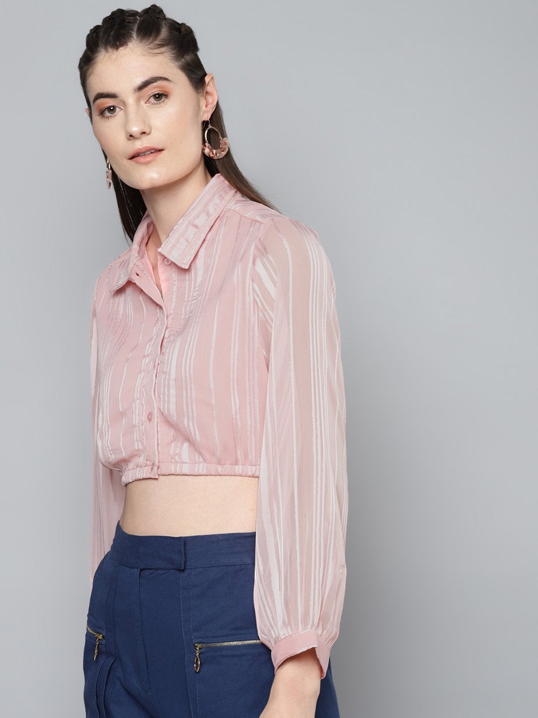 Women's Pink Lurex Crop Shirt Top - SASSAFRAS