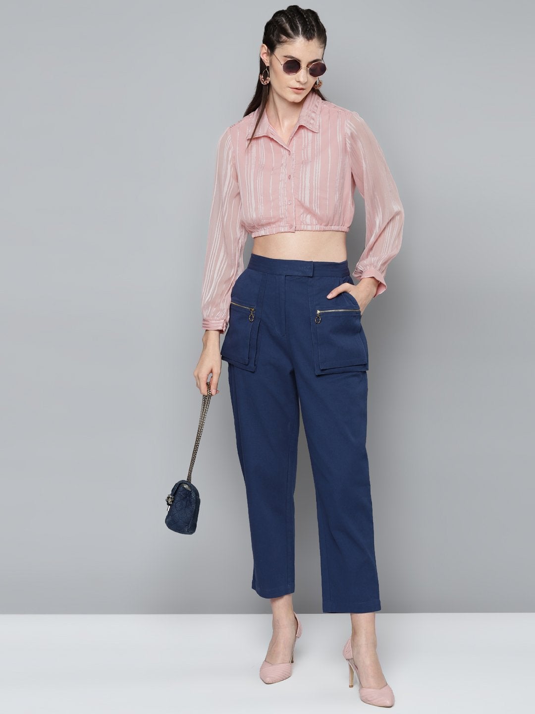 Women's Pink Lurex Crop Shirt Top - SASSAFRAS