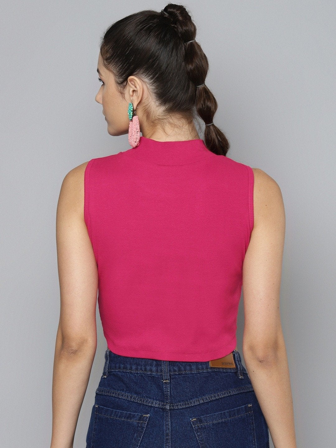 Women's Fuchsia High Neck Crop Top - SASSAFRAS