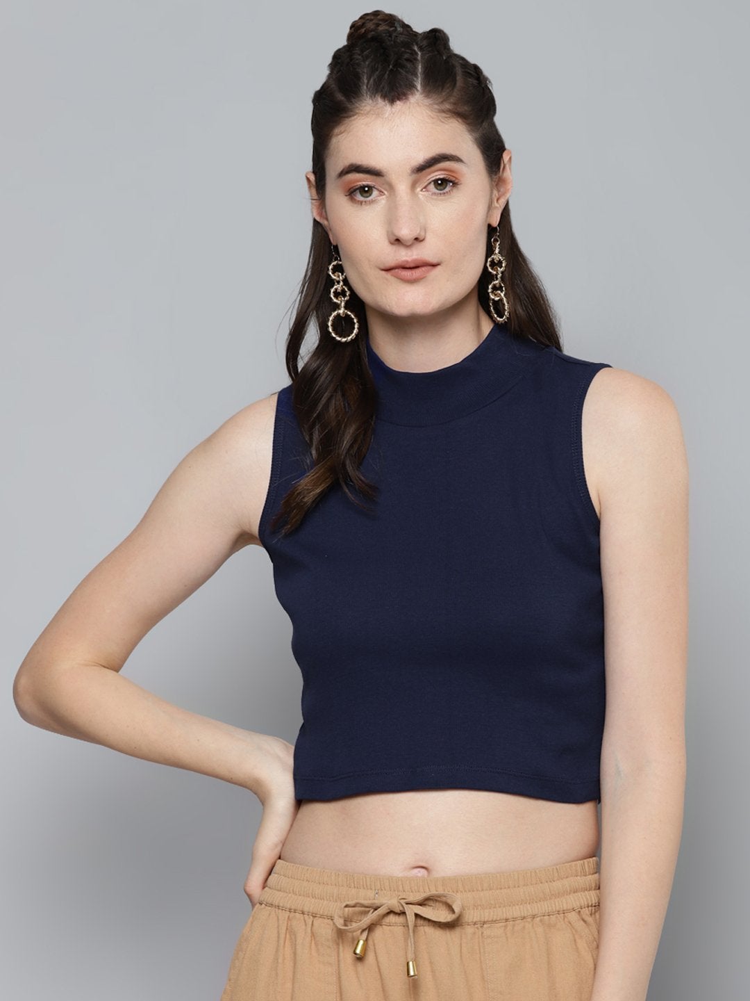 Women's Navy High Neck Crop Top - SASSAFRAS