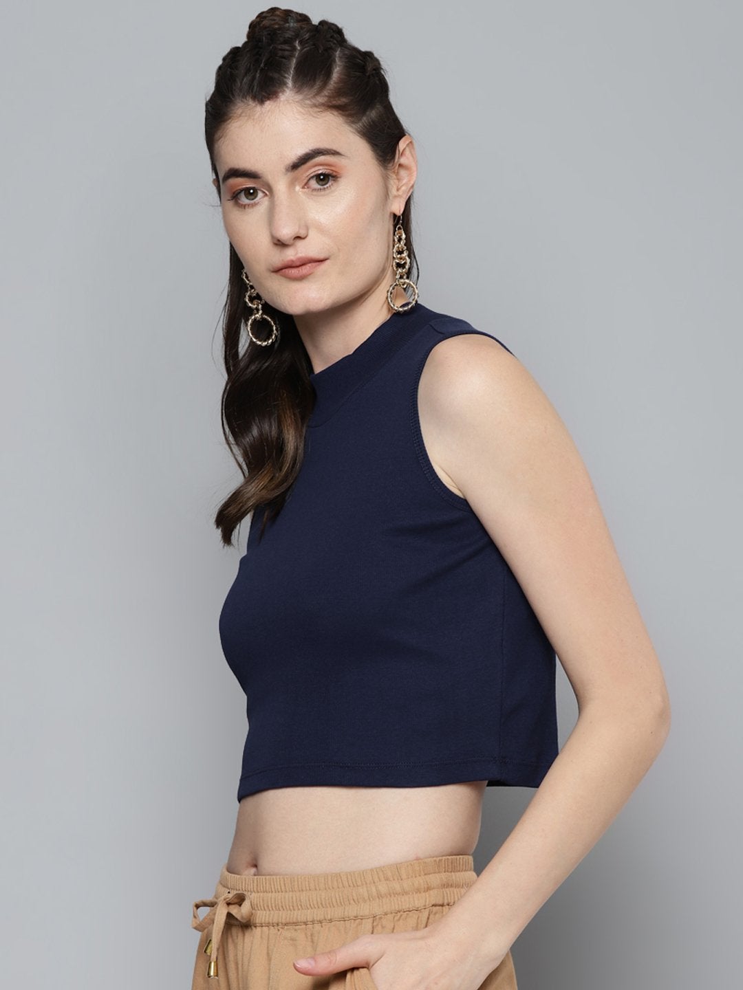 Women's Navy High Neck Crop Top - SASSAFRAS