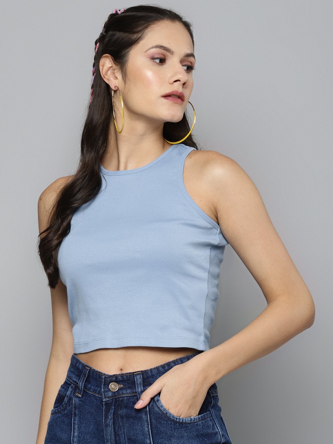 Women's Blue Box Back Crop Top - SASSAFRAS