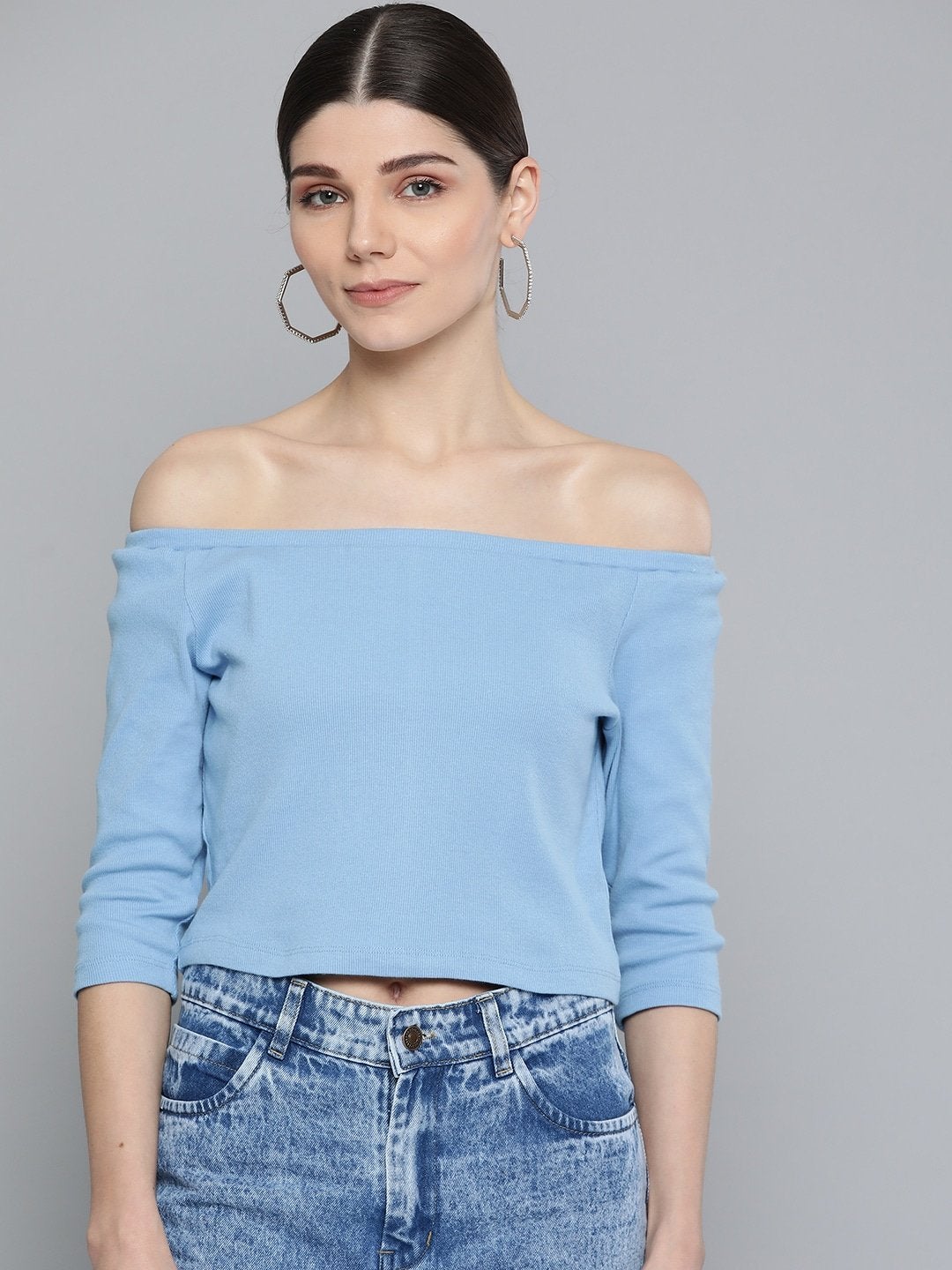 Women's Blue Bardot Crop Top - SASSAFRAS