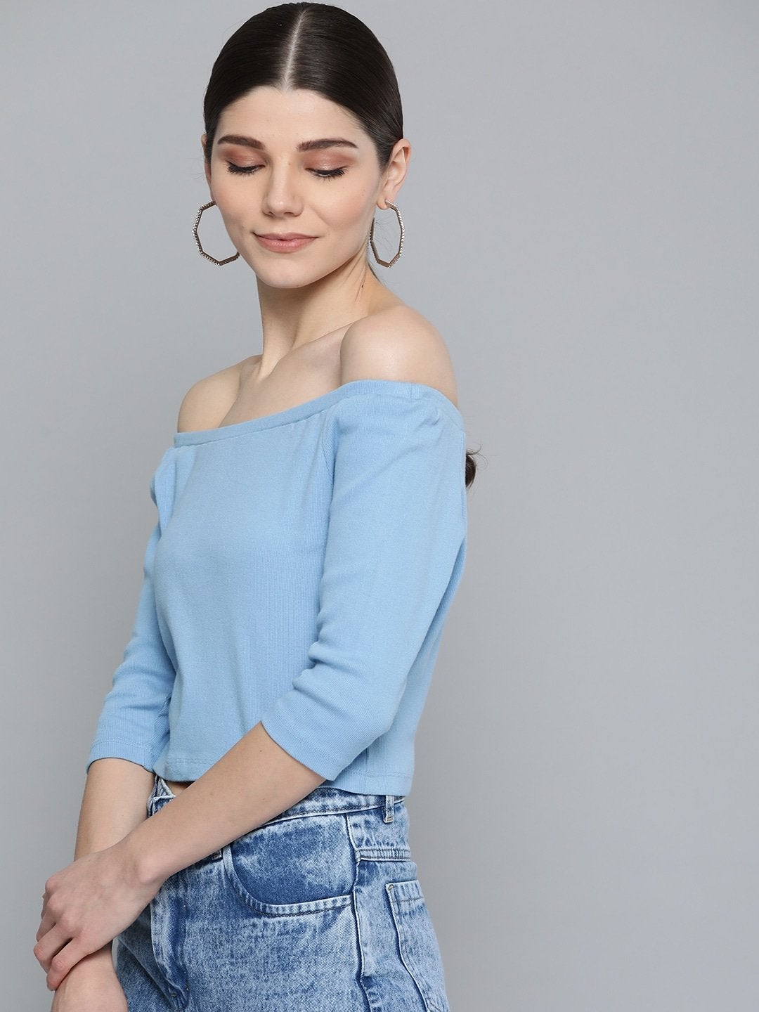 Women's Blue Bardot Crop Top - SASSAFRAS