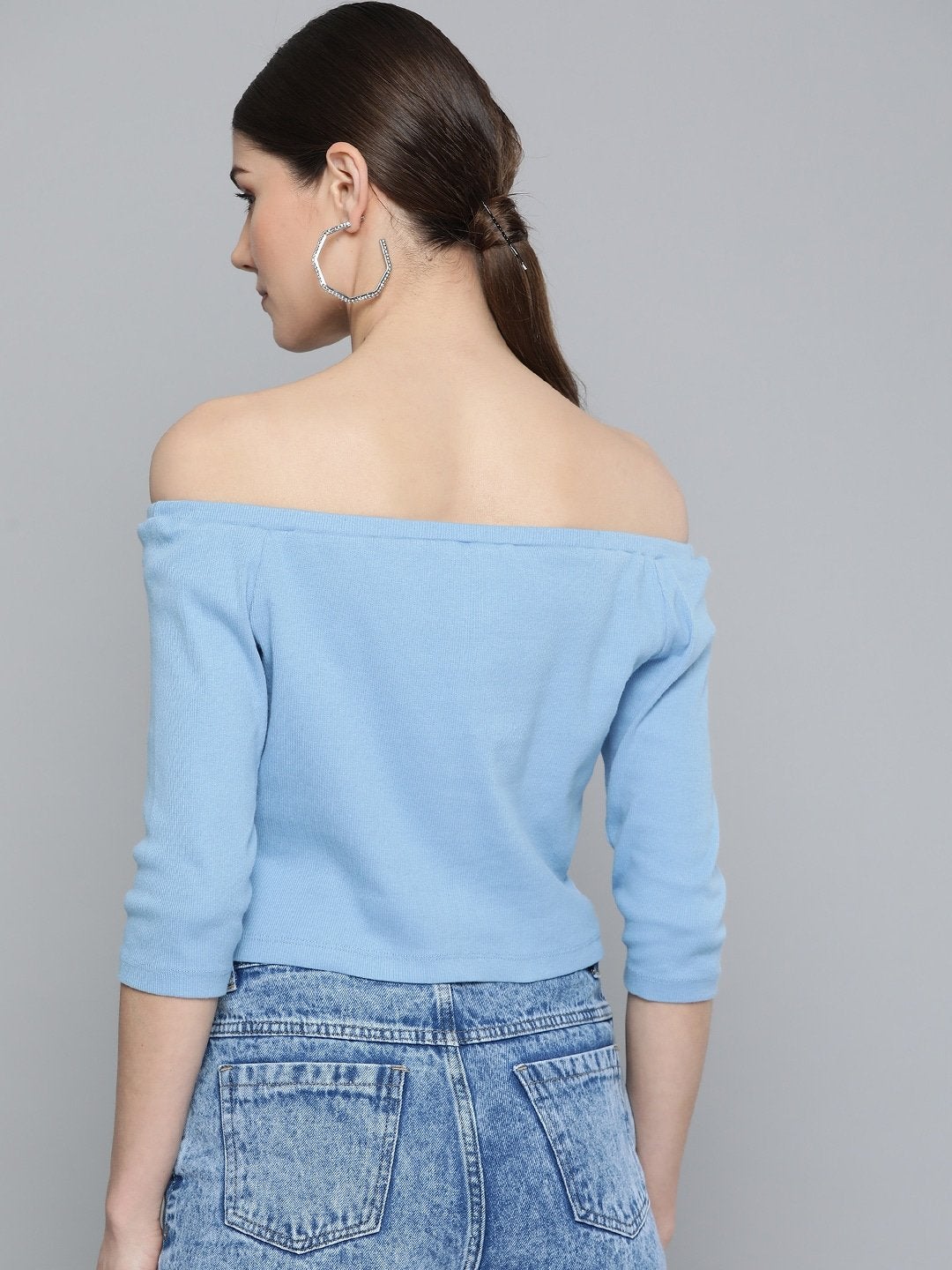 Women's Blue Bardot Crop Top - SASSAFRAS