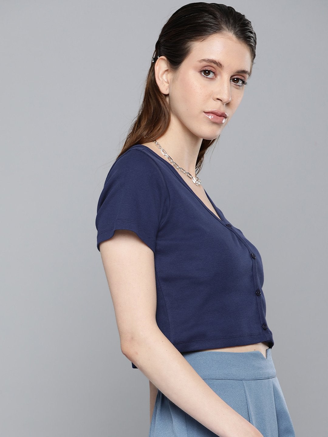 Women's Navy Front Button Crop Top - SASSAFRAS