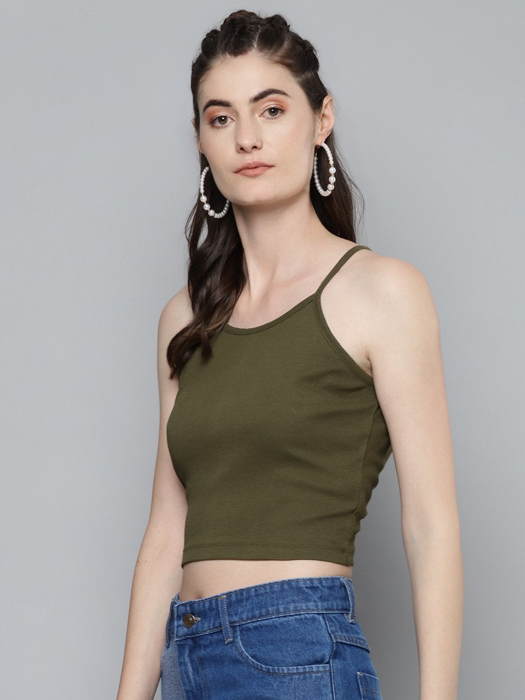 Women's Olive Strappy Box Back Crop Top - SASSAFRAS