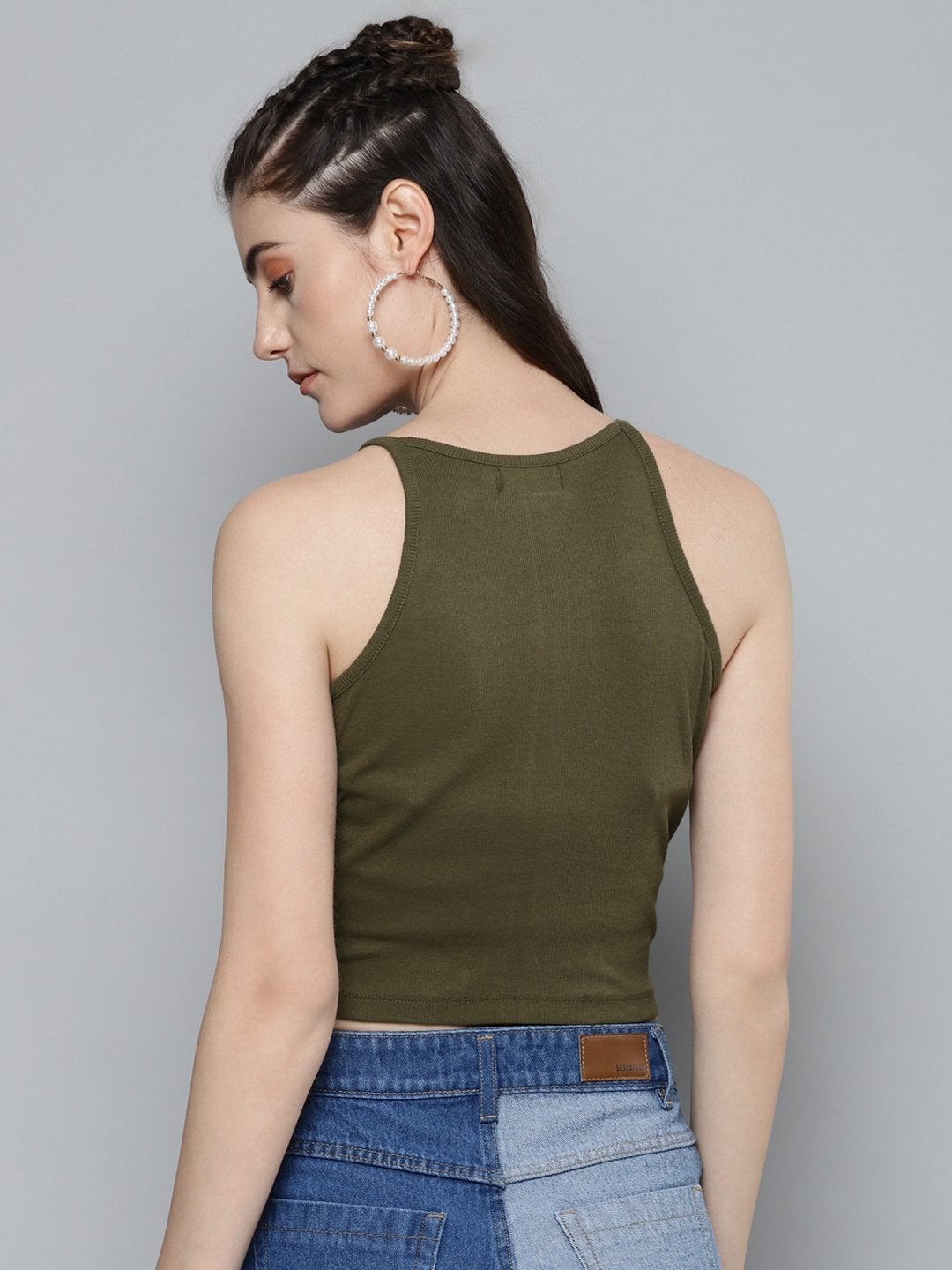 Women's Olive Strappy Box Back Crop Top - SASSAFRAS