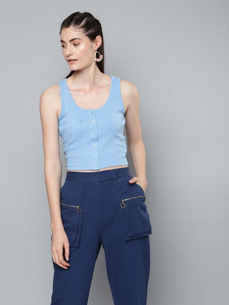 Women's Blue Front Button Sleeveless Crop Top