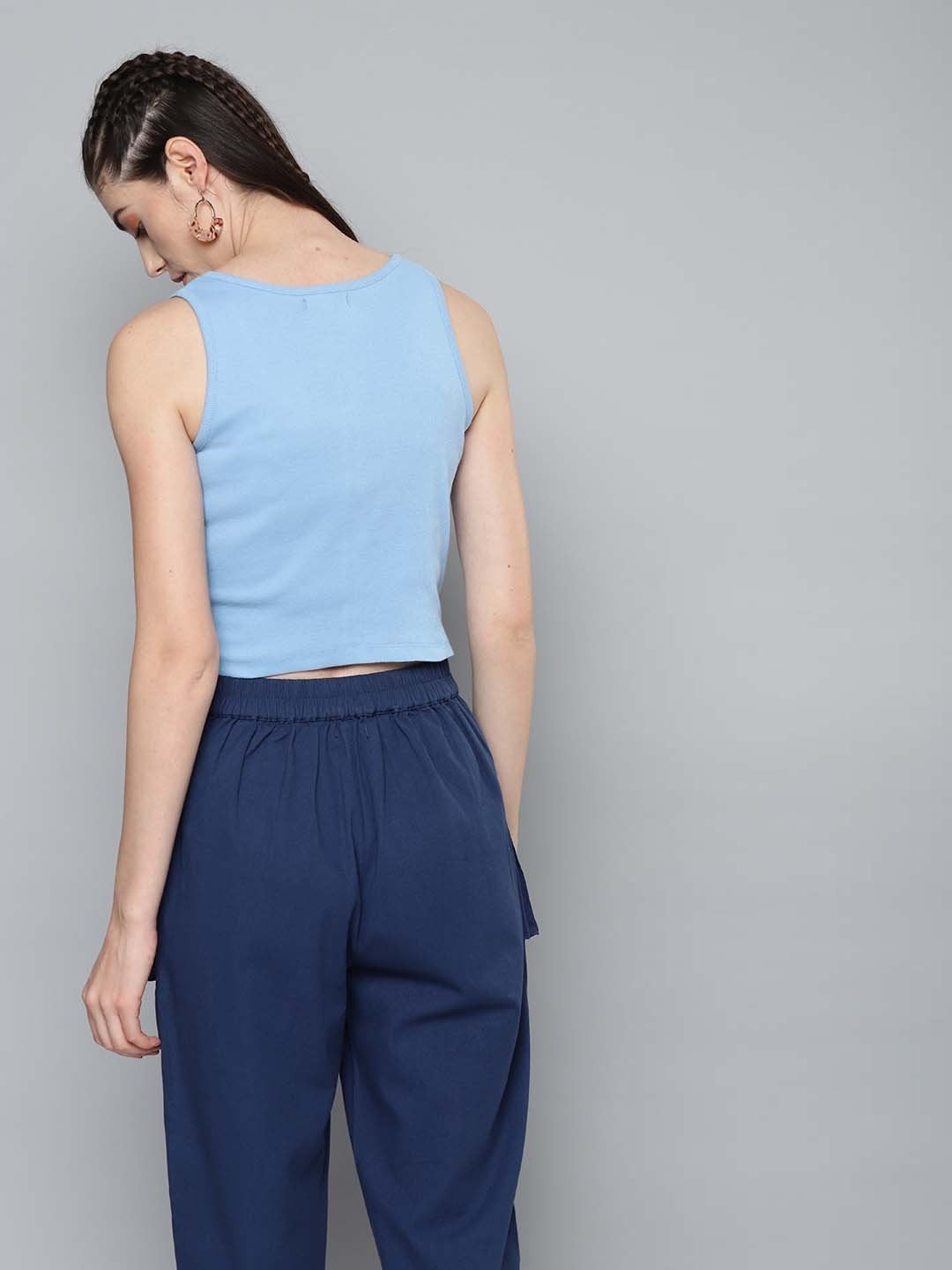 Women's Blue Front Button Sleeveless Crop Top - SASSAFRAS