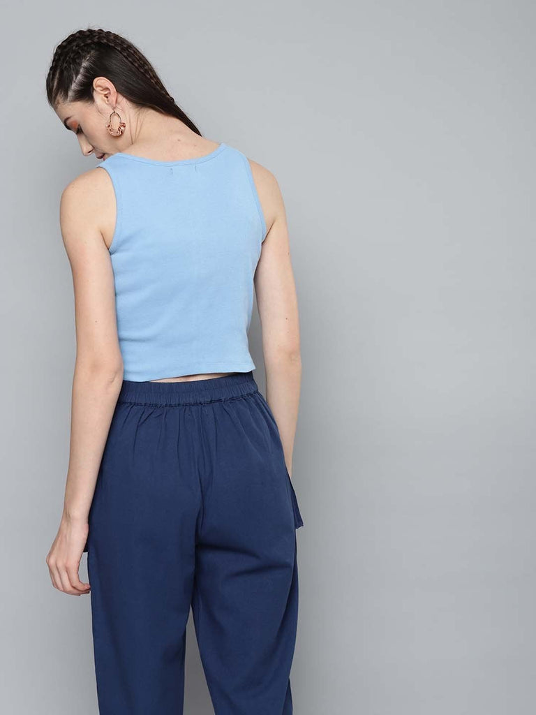 Women's Blue Front Button Sleeveless Crop Top