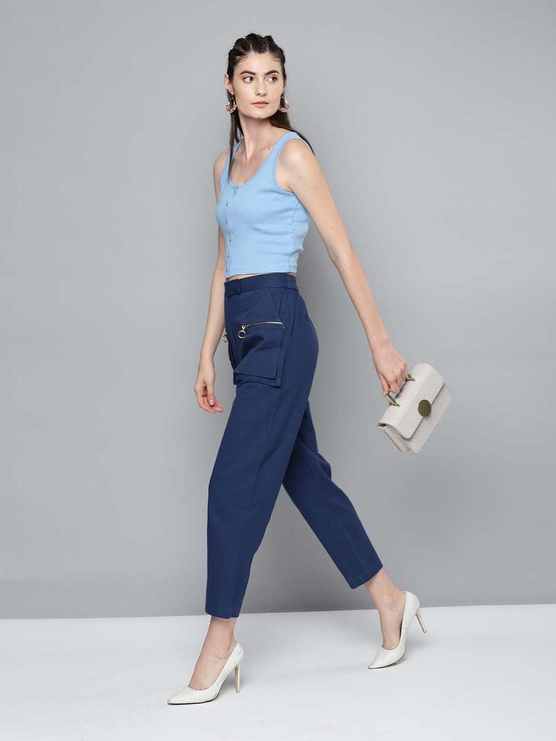 Women's Blue Front Button Sleeveless Crop Top - SASSAFRAS