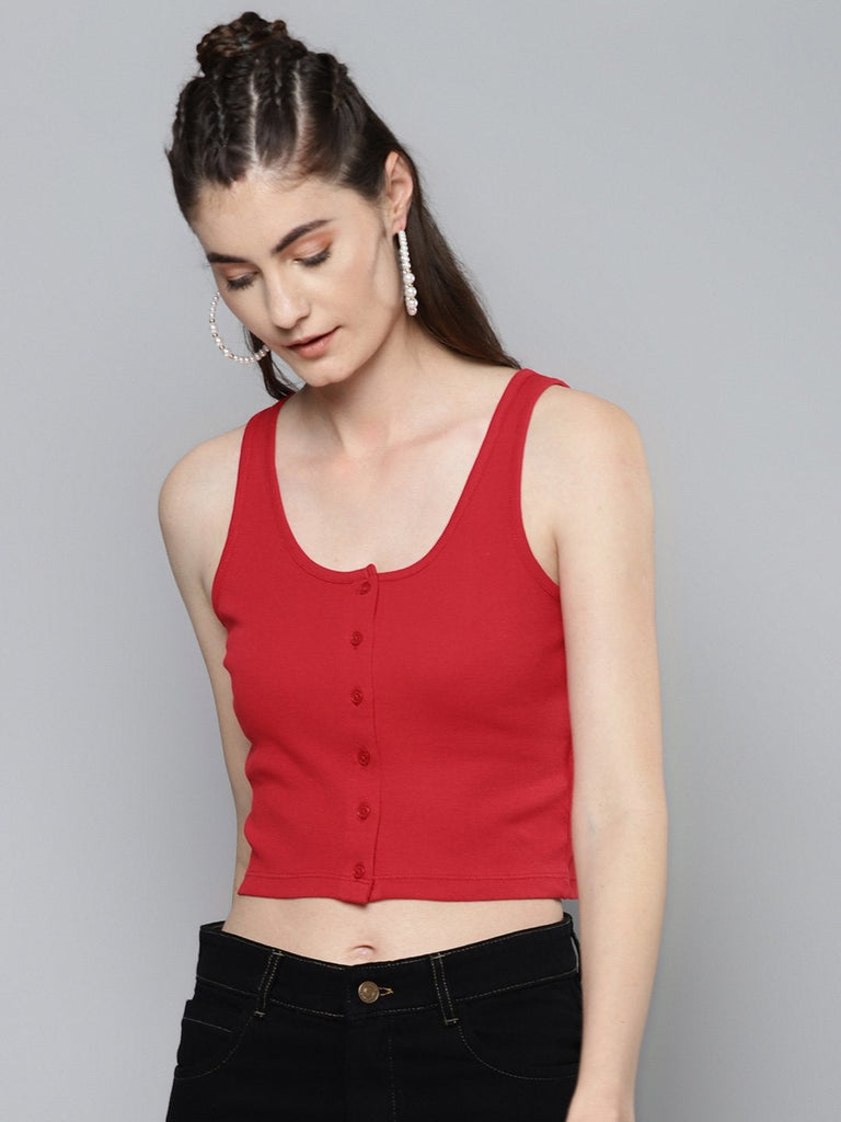 Women's Red Front Button Sleeveless Crop Top