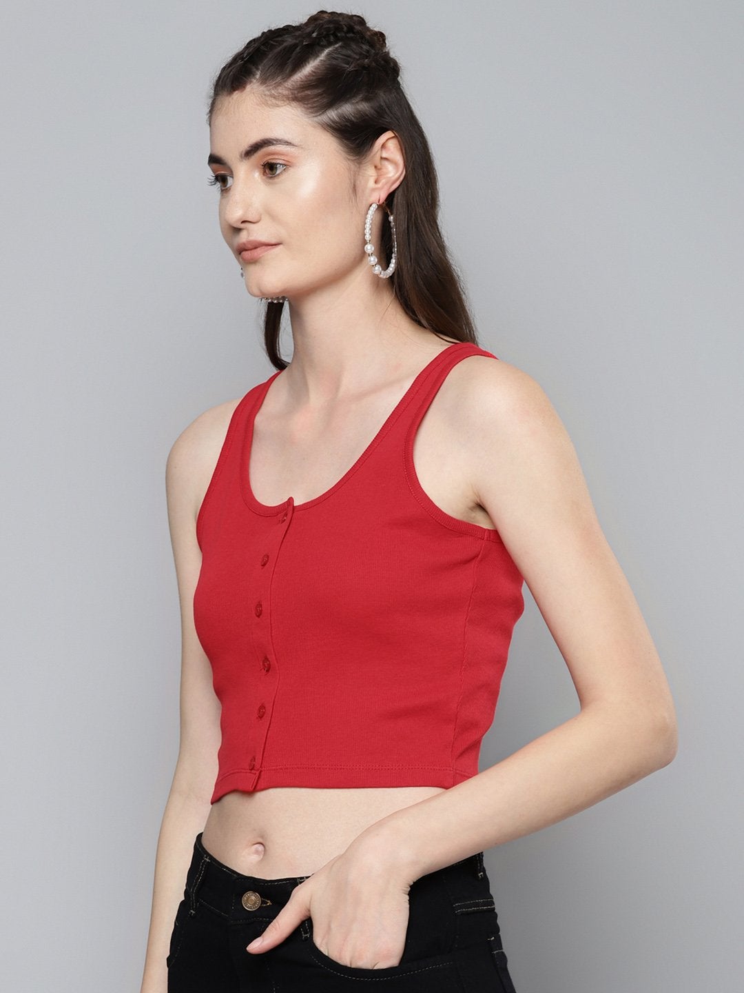 Women's Red Front Button Sleeveless Crop Top - SASSAFRAS