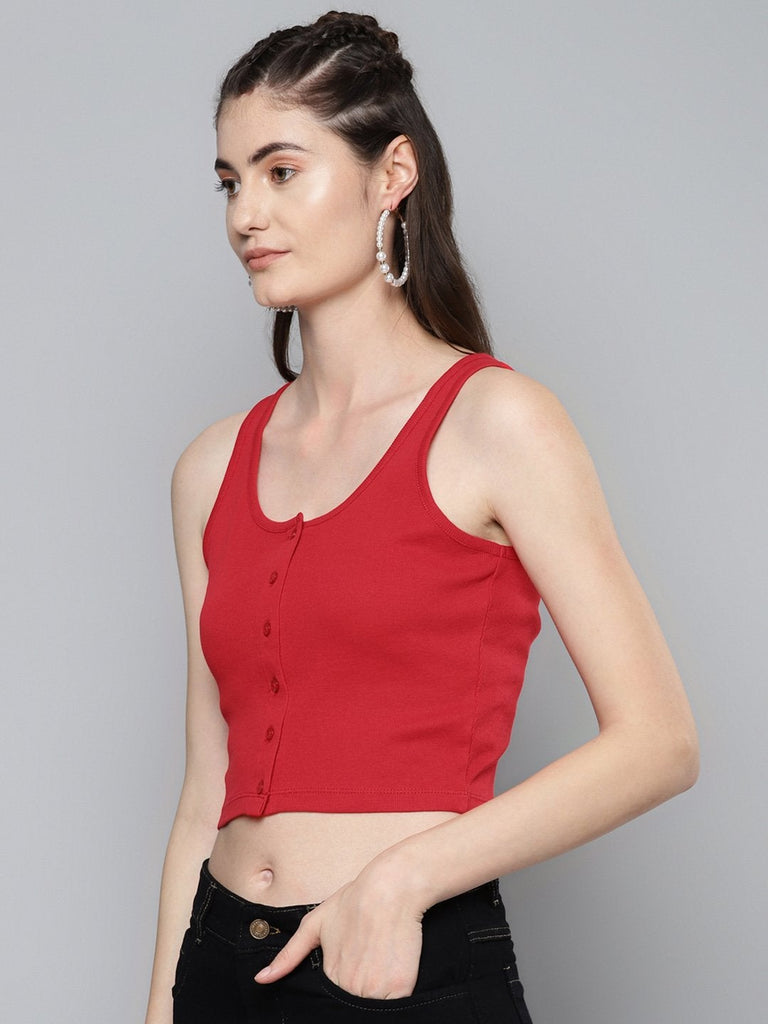 Women's Red Front Button Sleeveless Crop Top