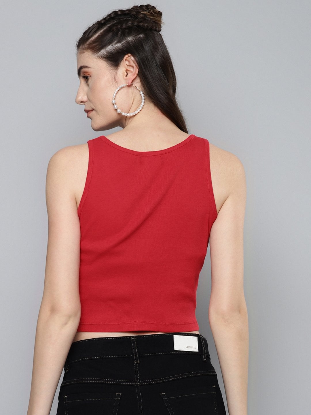 Women's Red Front Button Sleeveless Crop Top - SASSAFRAS