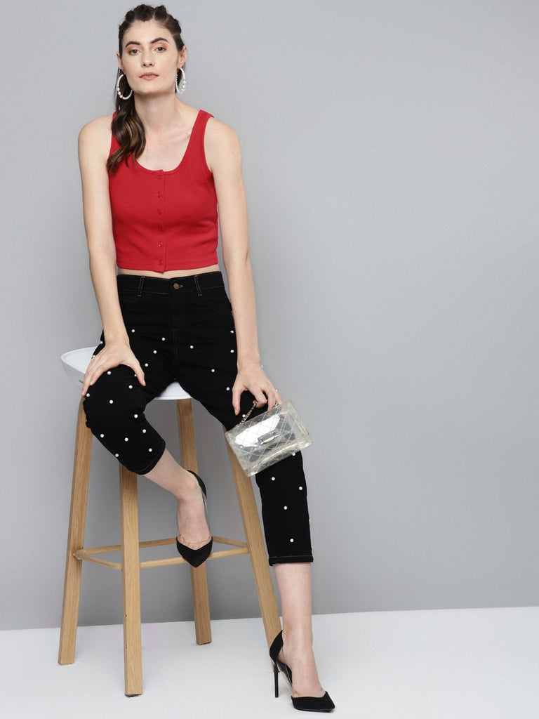 Women's Red Front Button Sleeveless Crop Top