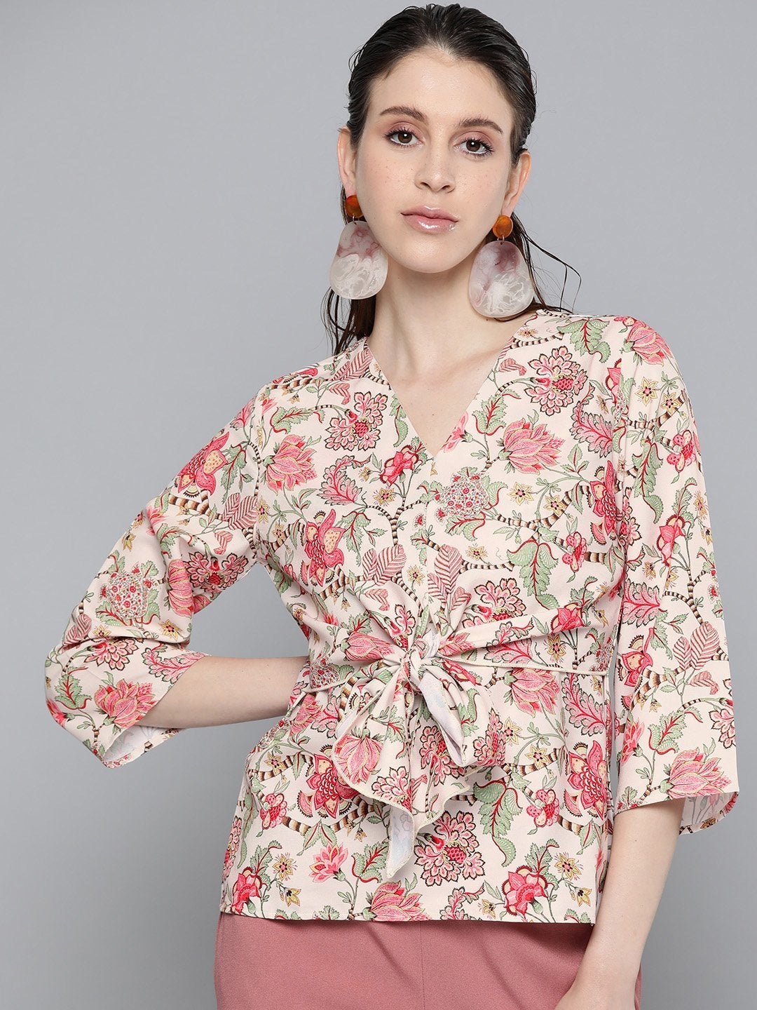 Women's Beige & Red Floral Front Knot Top - SASSAFRAS