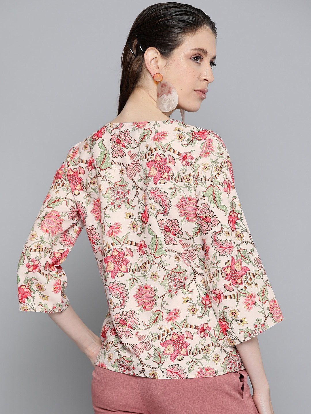 Women's Beige & Red Floral Front Knot Top - SASSAFRAS