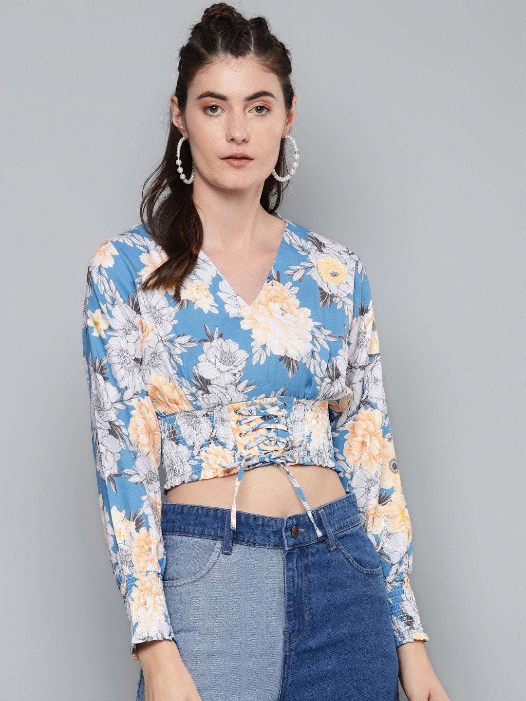 Women's Blue & Yellow Floral Criss Cross Detail Top - SASSAFRAS