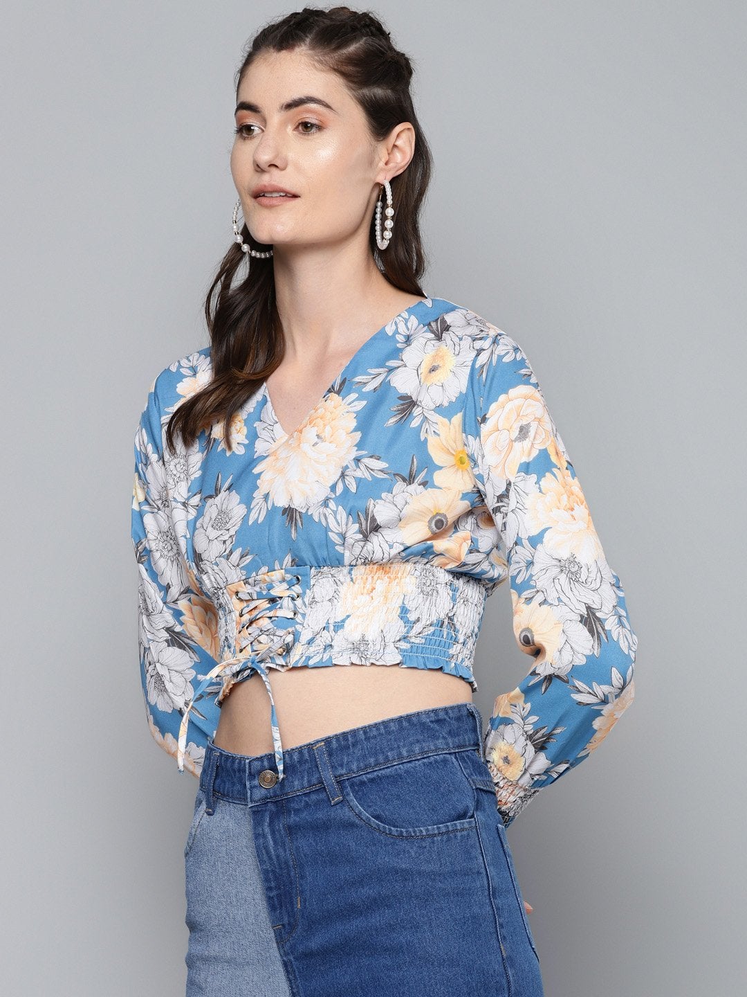 Women's Blue & Yellow Floral Criss Cross Detail Top - SASSAFRAS