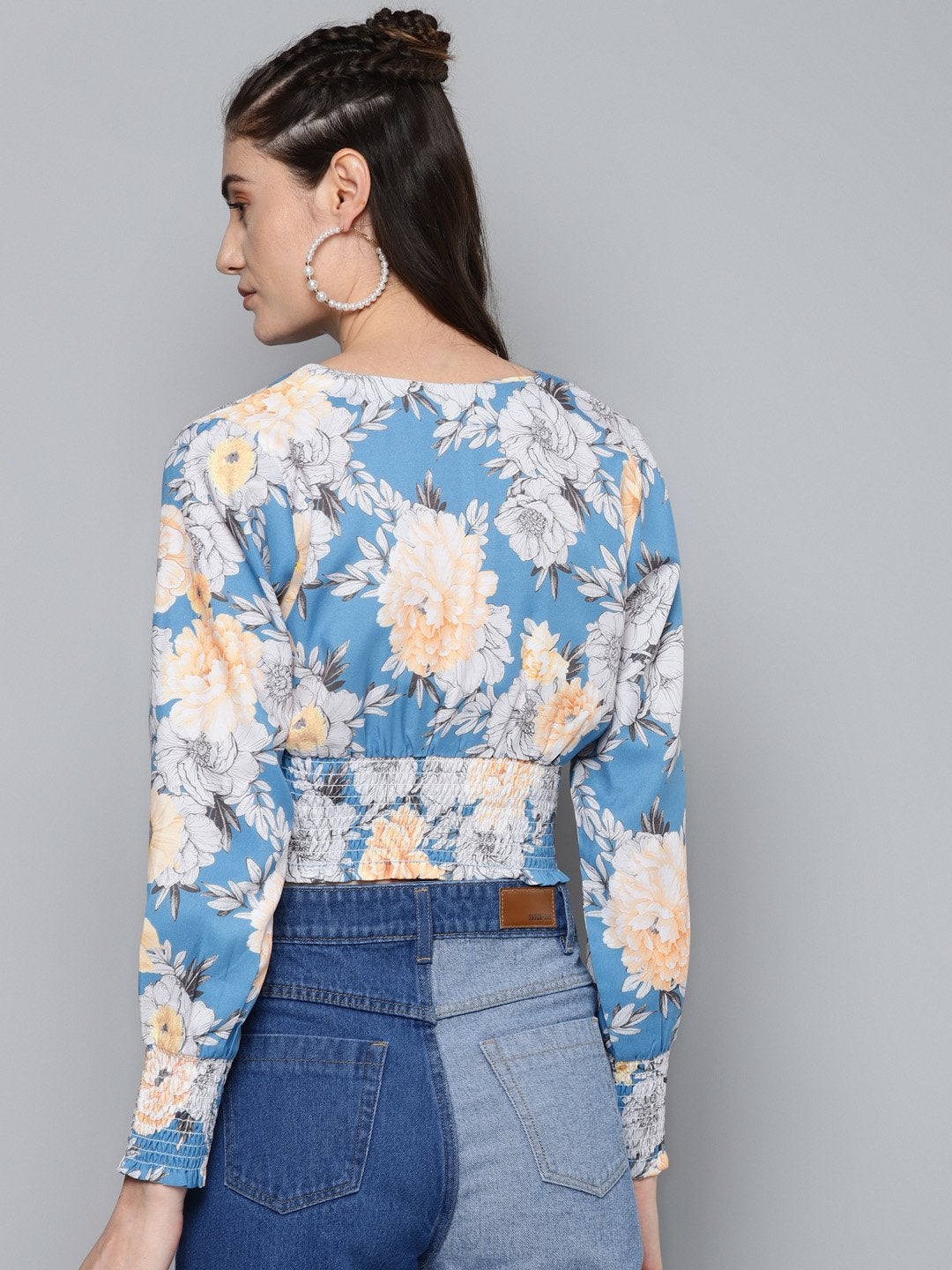 Women's Blue & Yellow Floral Criss Cross Detail Top - SASSAFRAS