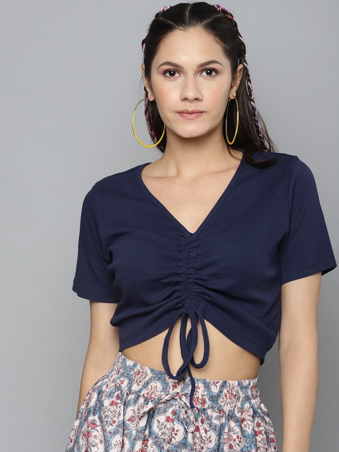 Women's Navy Rouched Crop Top - SASSAFRAS