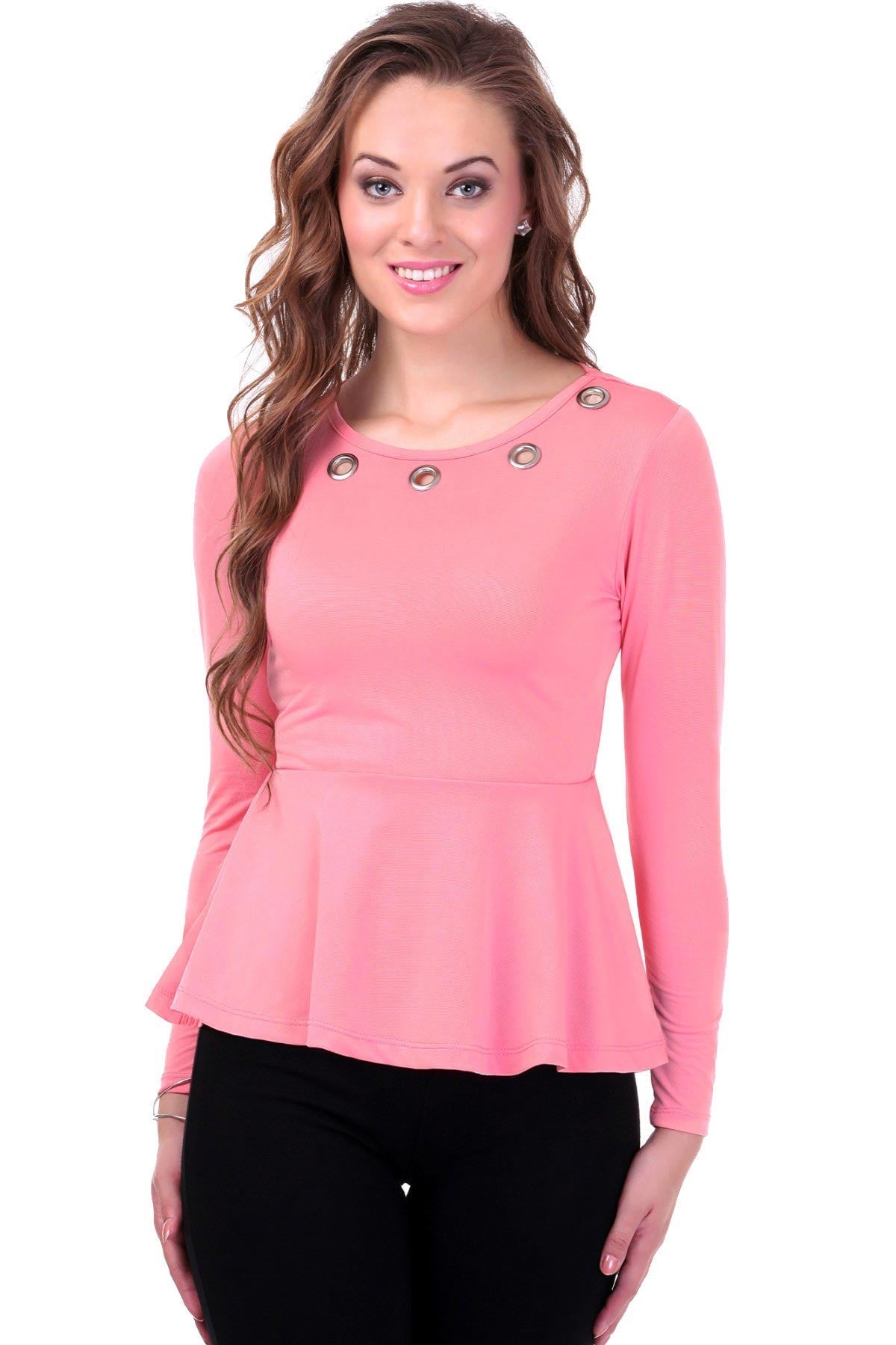 Women's Metal Eyelet Pink Peplum Top - SASSAFRAS