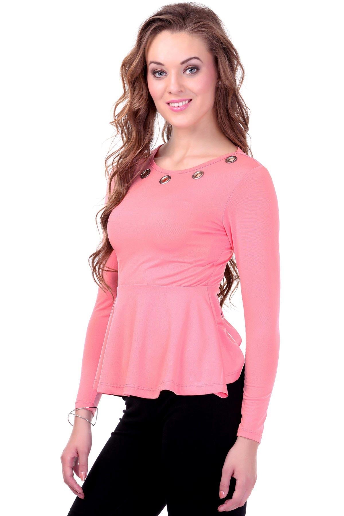 Women's Metal Eyelet Pink Peplum Top - SASSAFRAS