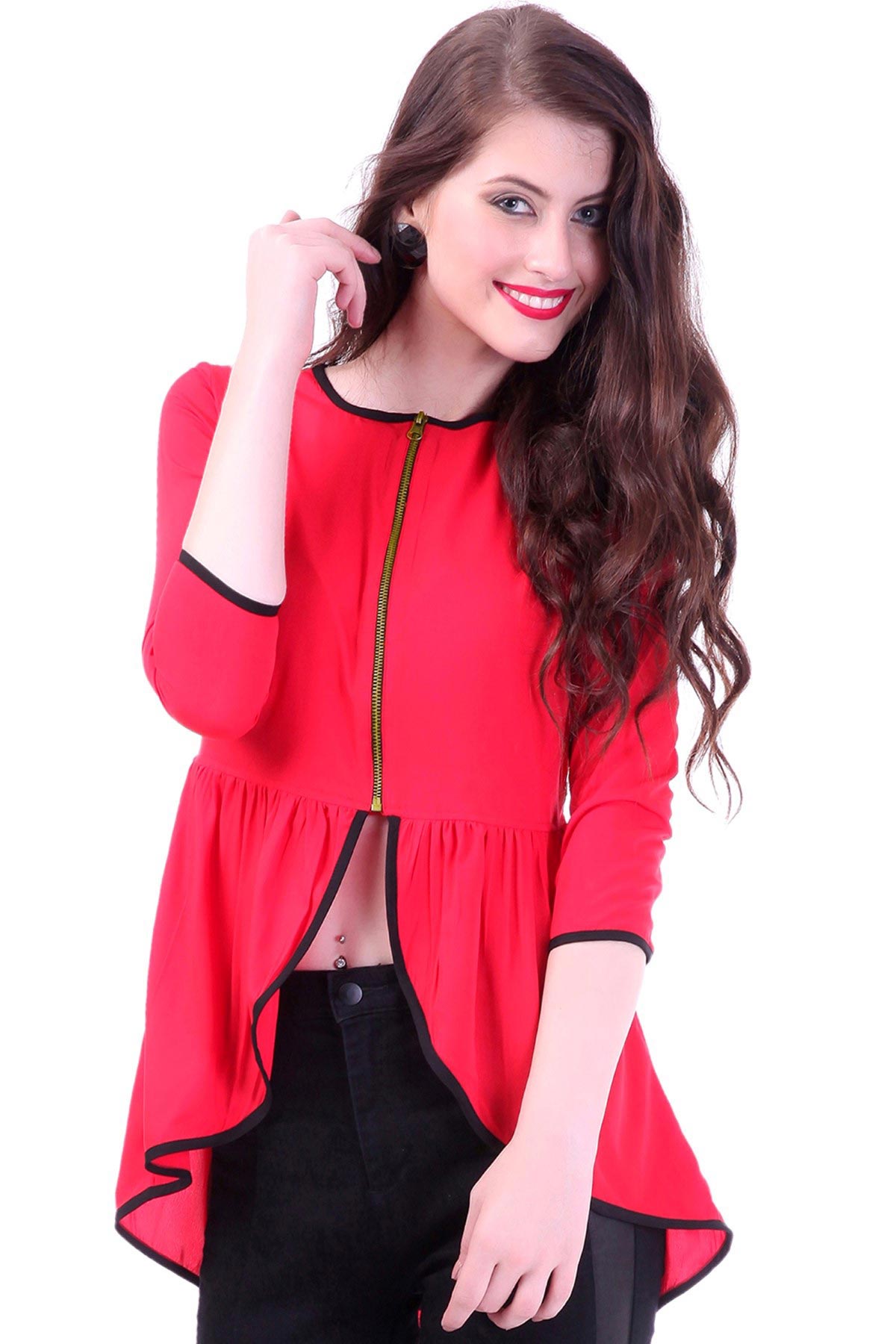 Women's Front Zipper Red Peplum Top - SASSAFRAS