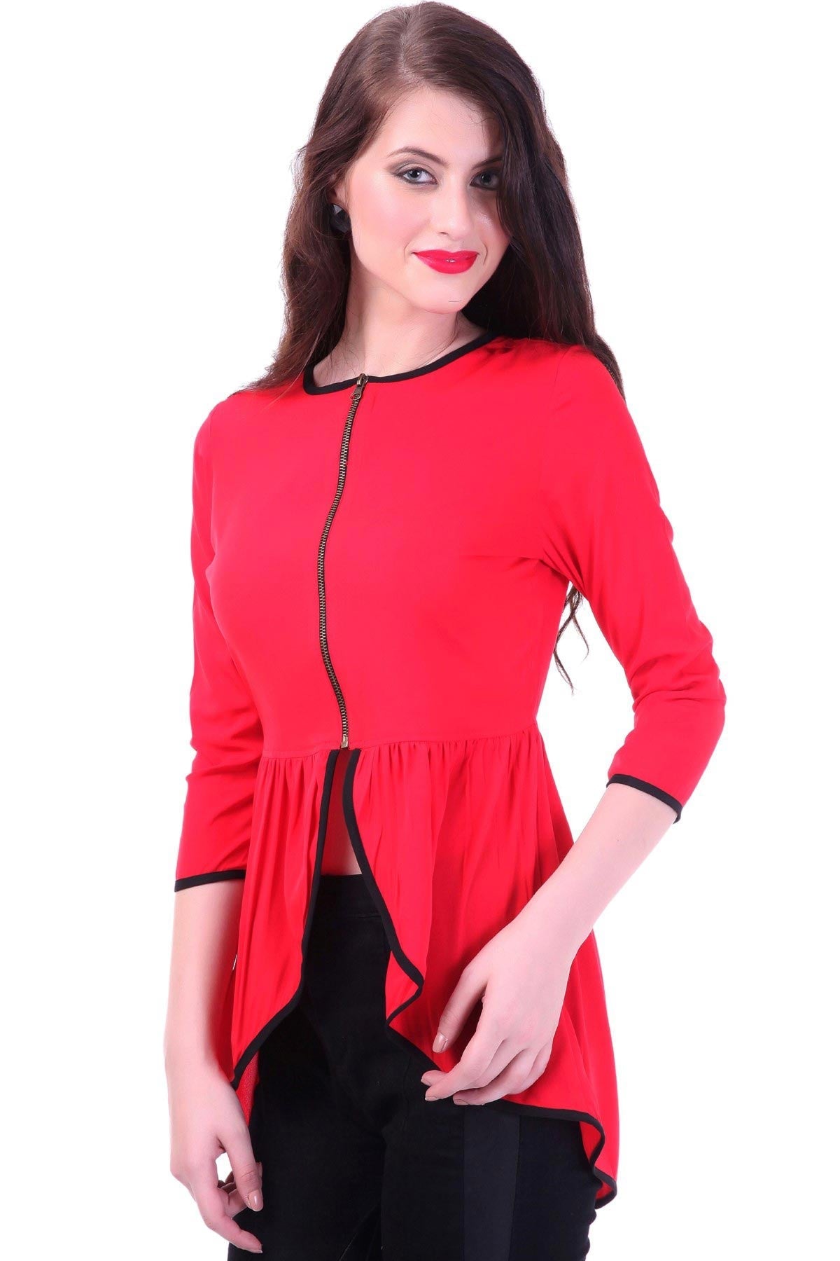 Women's Front Zipper Red Peplum Top - SASSAFRAS