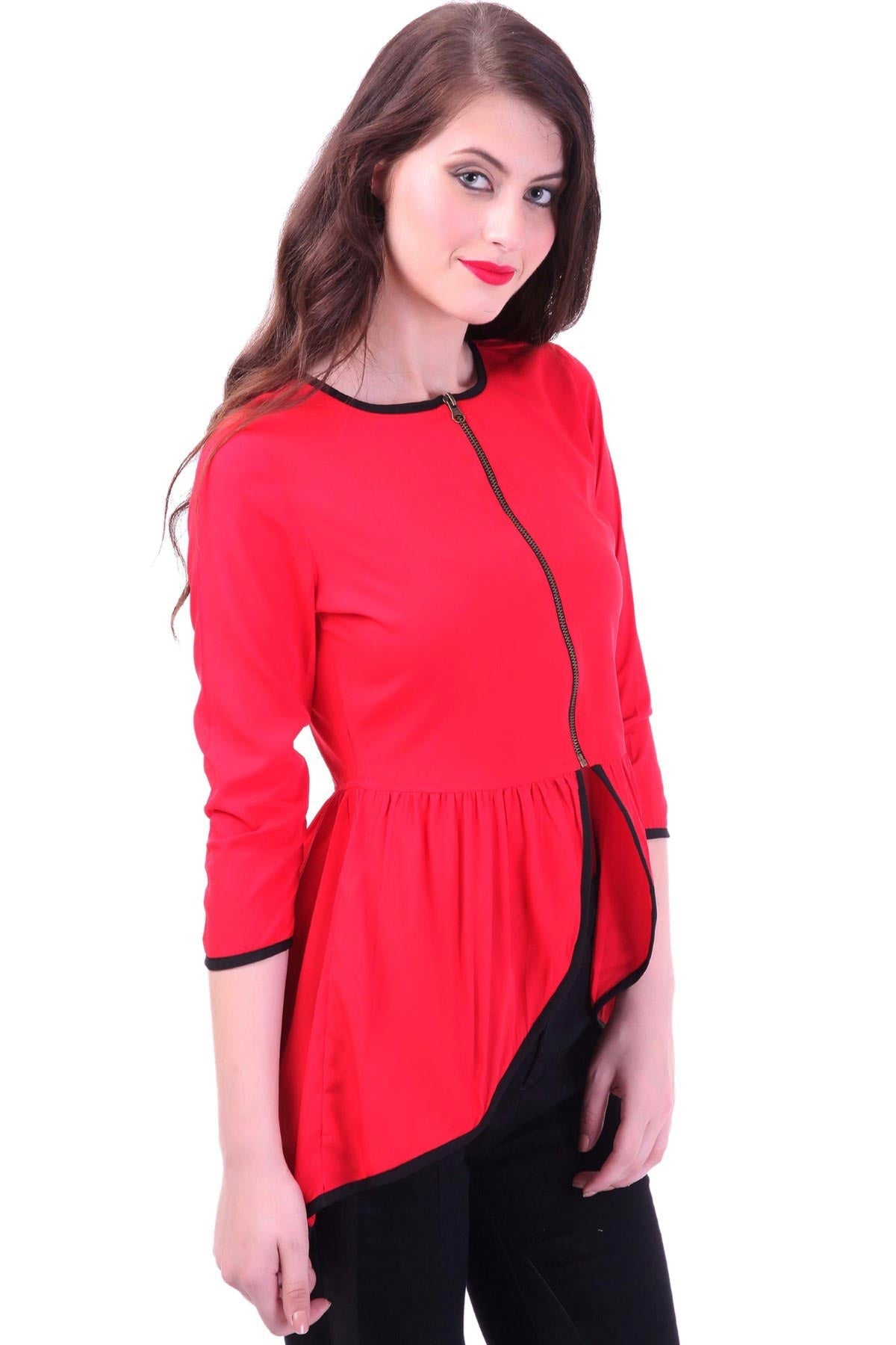 Women's Front Zipper Red Peplum Top - SASSAFRAS