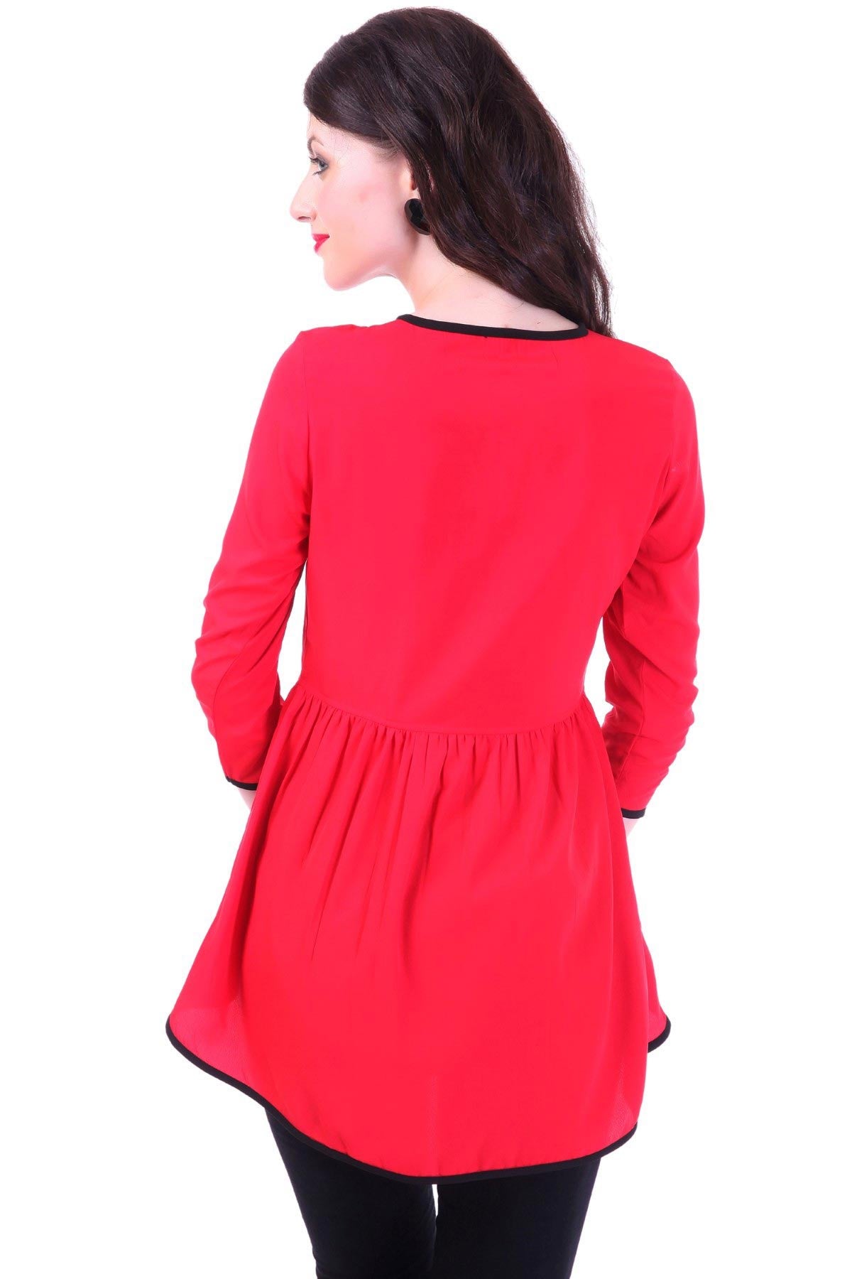 Women's Front Zipper Red Peplum Top - SASSAFRAS