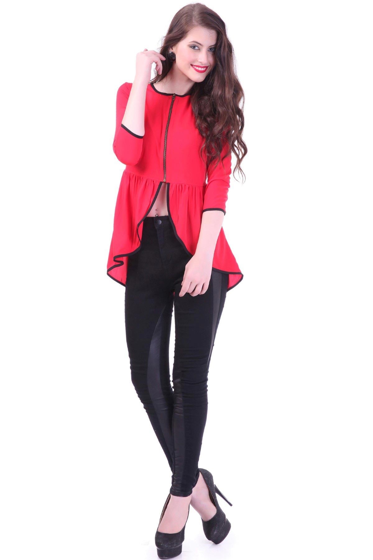 Women's Front Zipper Red Peplum Top - SASSAFRAS