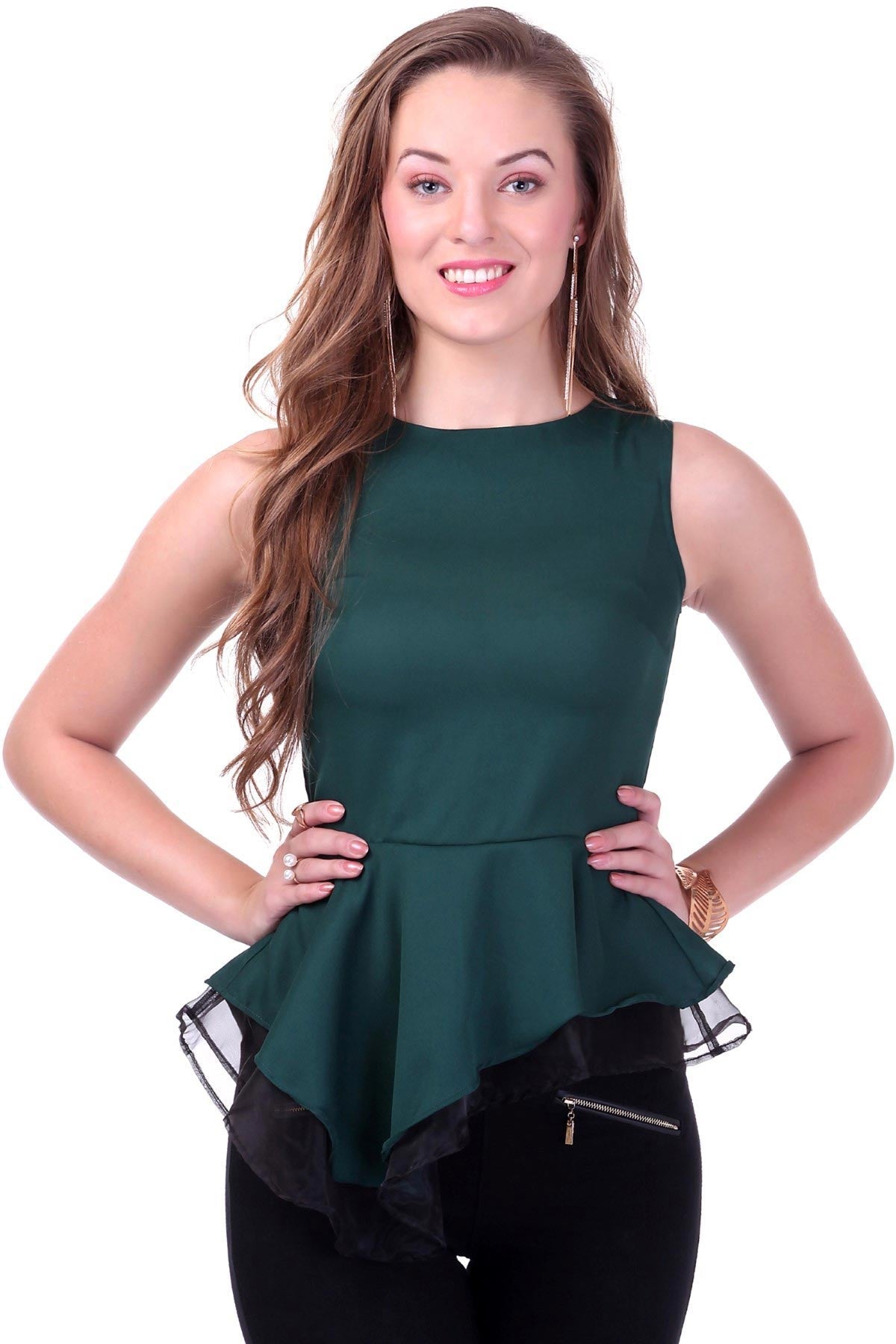 Women's Organza Layered Green Peplum Top - SASSAFRAS