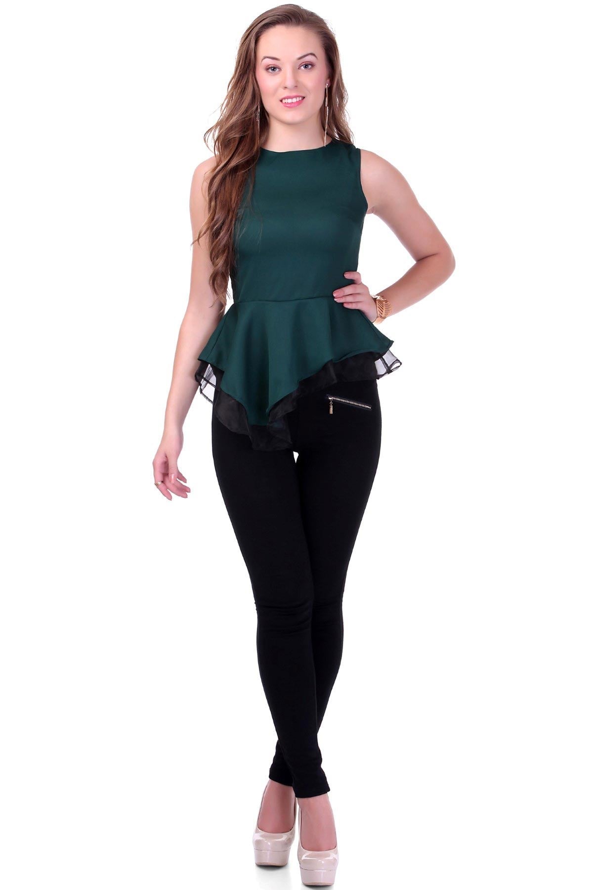 Women's Organza Layered Green Peplum Top - SASSAFRAS