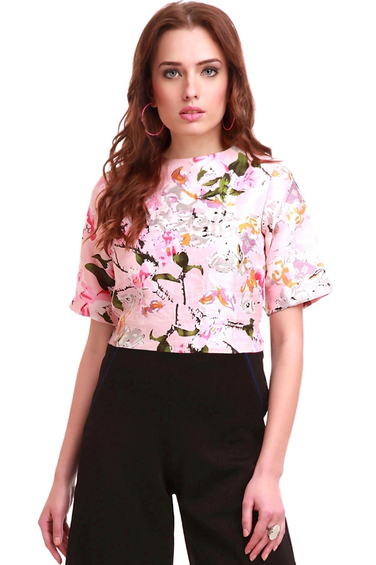 Women's Pink Floral Silk Crop Top - SASSAFRAS