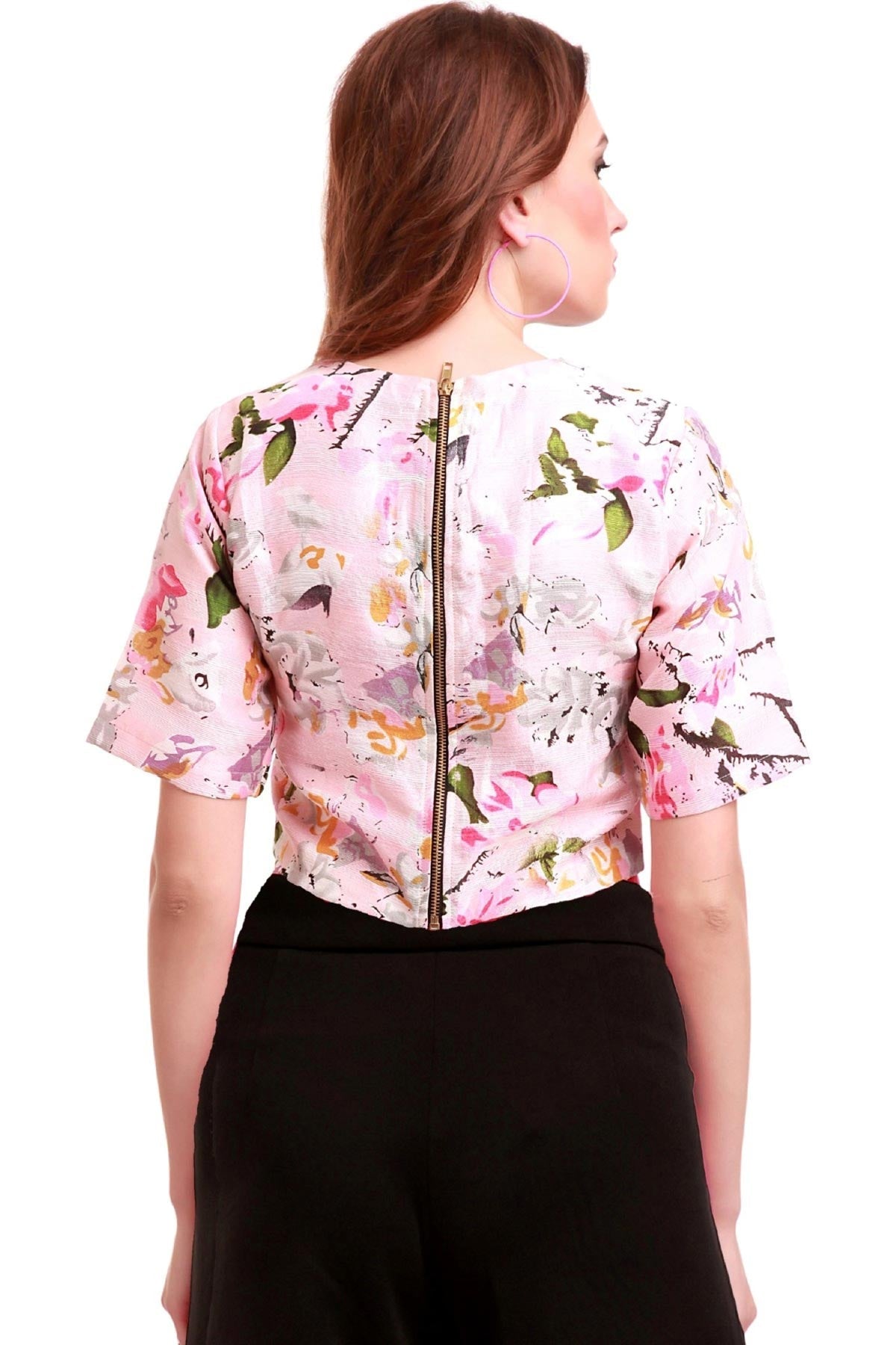 Women's Pink Floral Silk Crop Top - SASSAFRAS