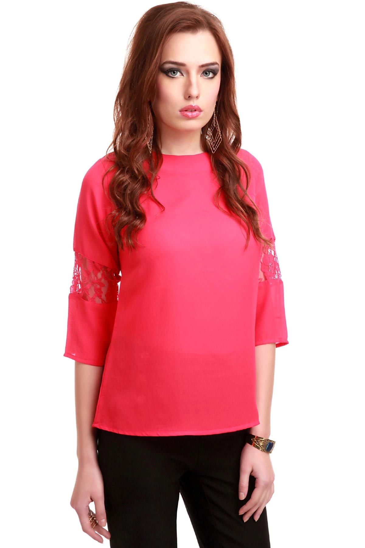 Women's Lace Insert Fuchsia Top - SASSAFRAS